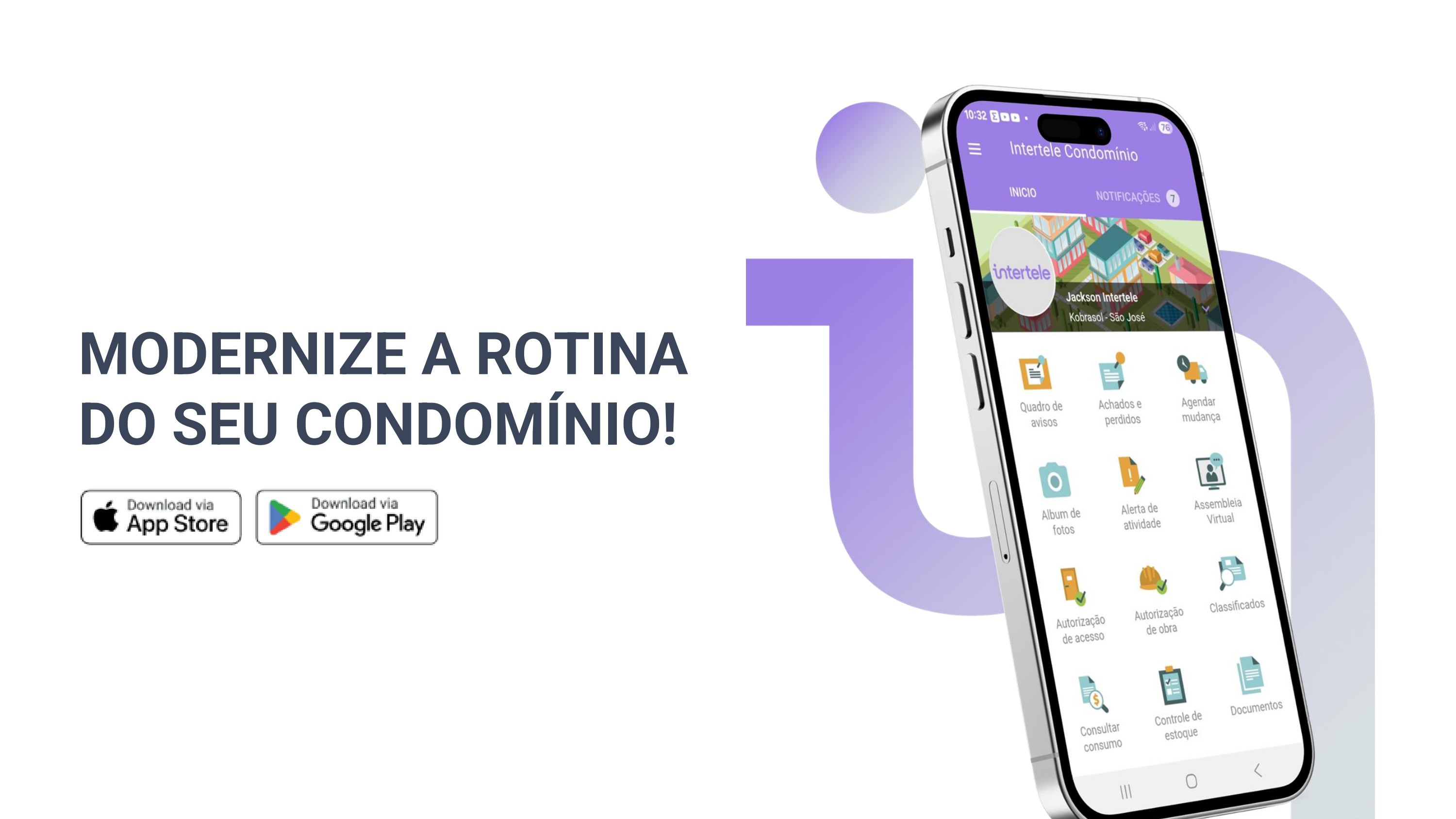 App Intertele em smartphone e portal administrativo em laptop